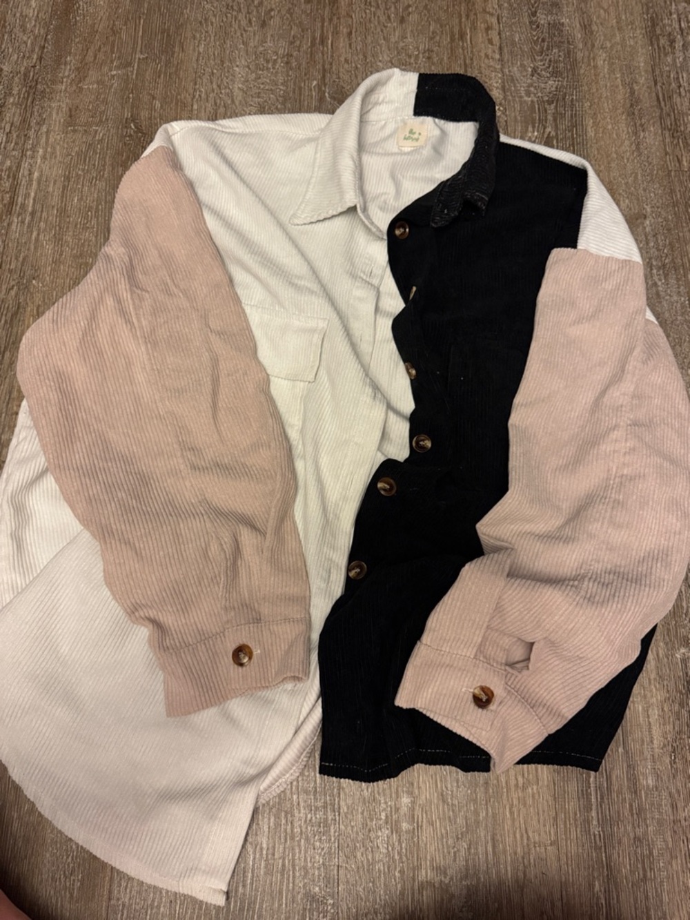 Over sized fit-Colorblock Corduroy Button-Up Shirt Jacket - White, Black & Blush